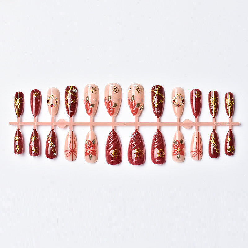 Festive Holiday Press-On Nail Art Set with Poinsettia and Metallic Accents Kalsten