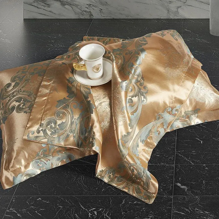 Luxurious Satin Rayon Jacquard Duvet Cover in Gold & Blue Kalsten