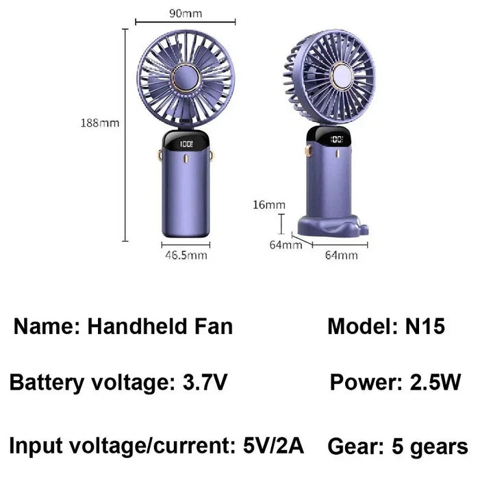 Handheld Mini Fan – 3000mAh Foldable Portable Desk & Neck Hanging Fan with 5 Speeds, USB Rechargeable & Phone Stand Display | Kalsten