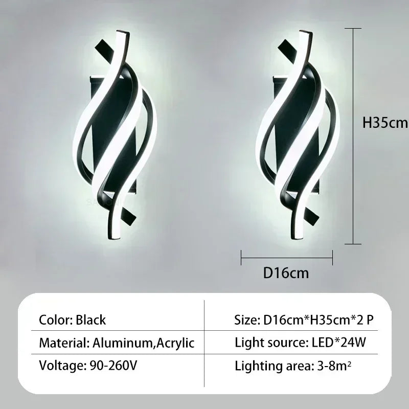 Modern LED Wall Light – Curved Spiral Design, Up & Down Wall Sconce for Living Room, Bedroom, Kitchen, and Bathroom, Black, Gold & White | Kalsten