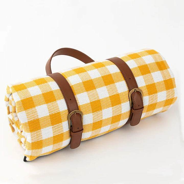 Waterproof picnic blanket with leather carrying strap | Kalsten