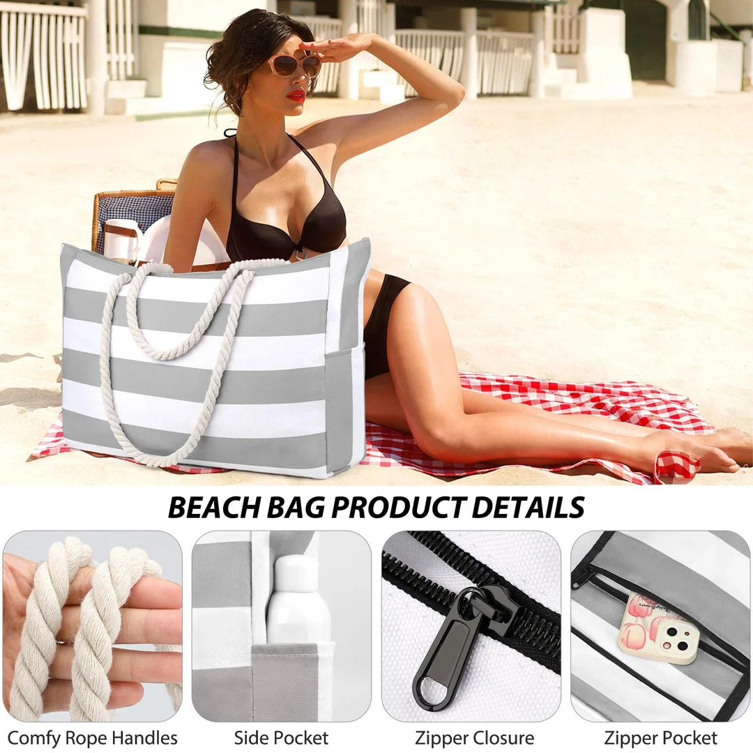 Kalsten | Marivalis Striped Beach Bag with Zipper | Foldable Sand Resistant Canvas | For Travel & Vacation