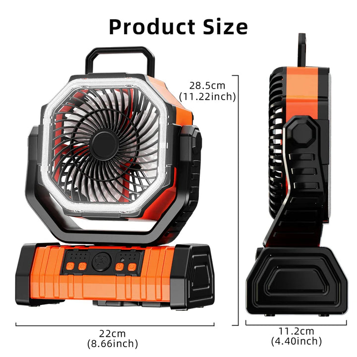 20000mAh Portable Rechargeable Fan — Battery-Operated Desk & Camping Fan with LED Light & Hook for Tent, Car, and Outdoor Trips | Kalsten