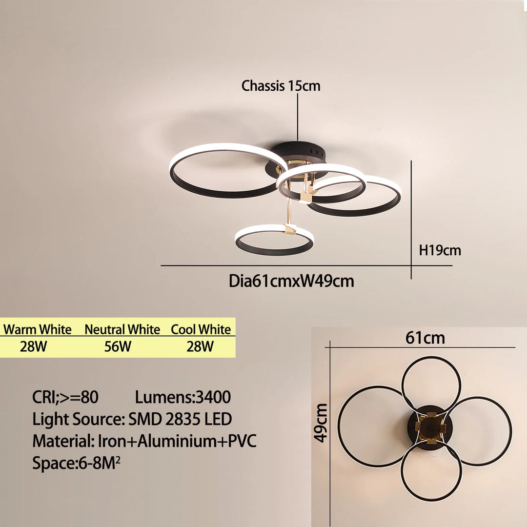 Modern LED Ceiling Chandelier – Dimmable Light with Remote & App Control, Gold/Chrome/Black Finish, for Living Room & Bedroom | Kalsten