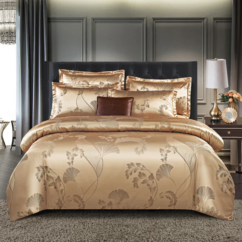 Luxurious Satin Rayon Jacquard Duvet Cover in Gold & Blue Kalsten