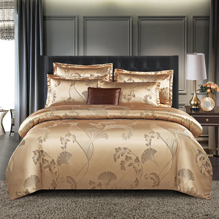 Luxurious Satin Rayon Jacquard Duvet Cover in Gold & Blue Kalsten