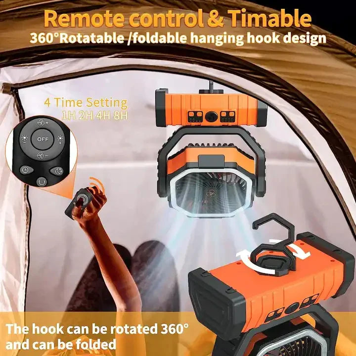 20000mAh Portable Rechargeable Fan — Battery-Operated Desk & Camping Fan with LED Light & Hook for Tent, Car, and Outdoor Trips | Kalsten