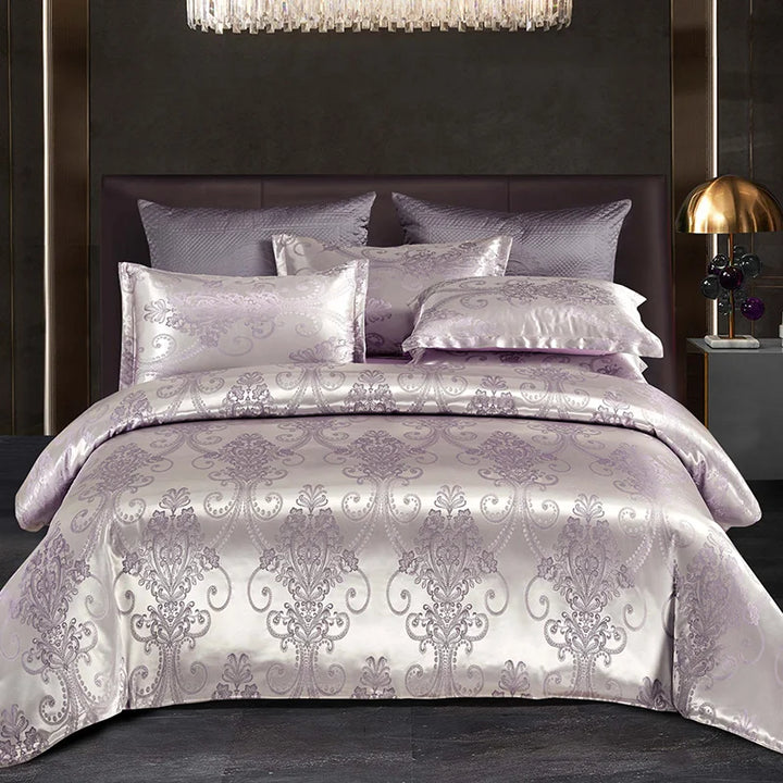 Luxurious Satin Rayon Jacquard Duvet Cover in Gold & Blue Kalsten