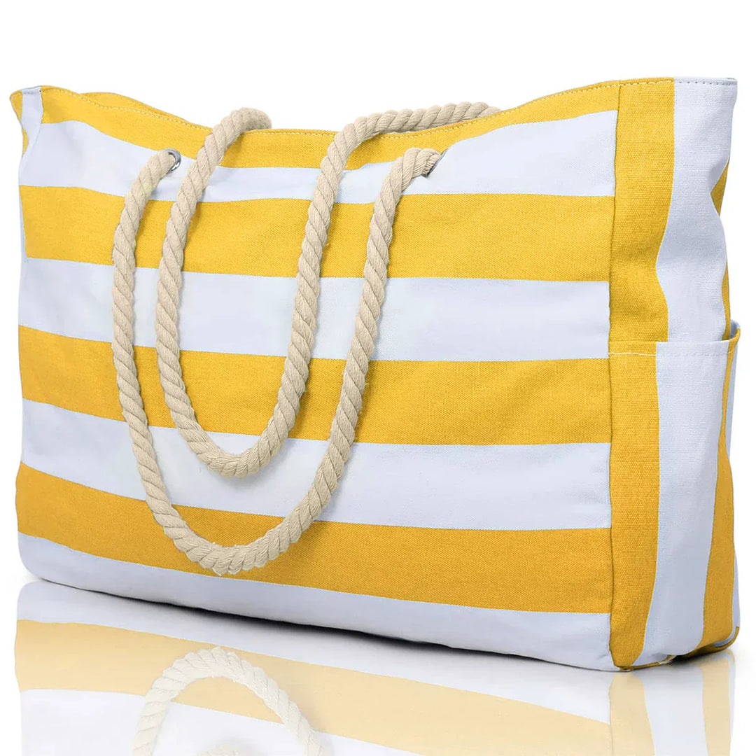 Kalsten | Marivalis Striped Beach Bag with Zipper | Foldable Sand Resistant Canvas | For Travel & Vacation