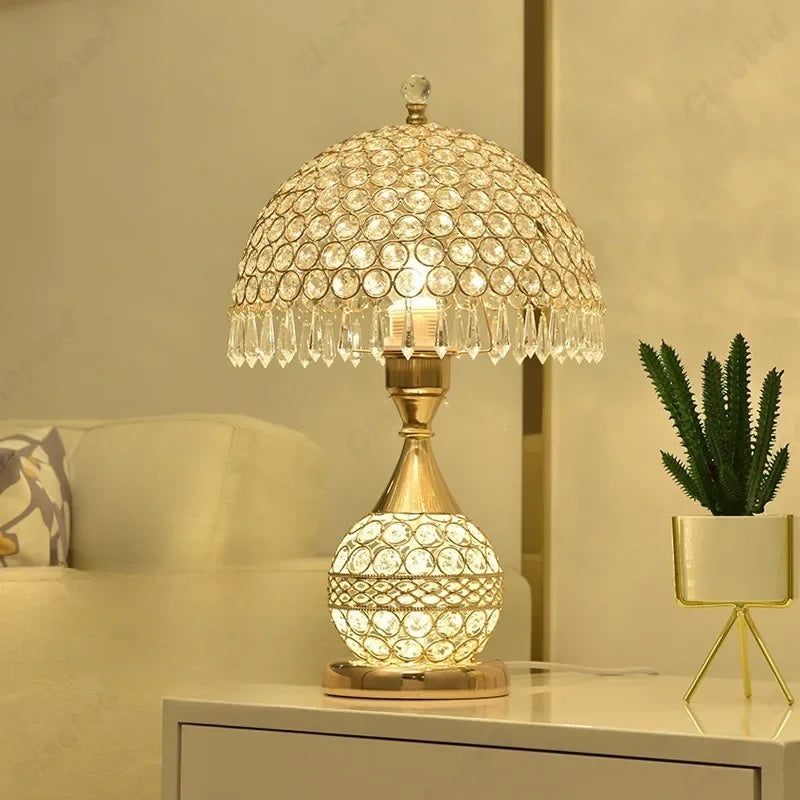 Luxury European Style LED Table Lamp with Fabric Lampshade & Crystal Base – Warm Romantic Bedroom Bedside Light | Kalsten