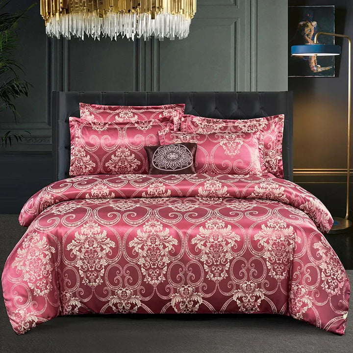 Luxurious Satin Rayon Jacquard Duvet Cover in Gold & Blue Kalsten