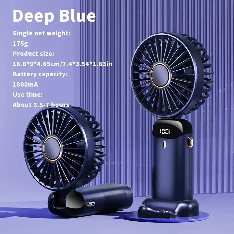 Handheld Mini Fan – 3000mAh Foldable Portable Desk & Neck Hanging Fan with 5 Speeds, USB Rechargeable & Phone Stand Display | Kalsten