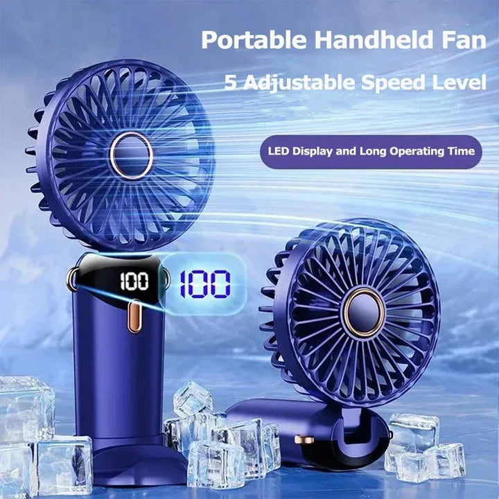 Handheld Mini Fan – 3000mAh Foldable Portable Desk & Neck Hanging Fan with 5 Speeds, USB Rechargeable & Phone Stand Display | Kalsten