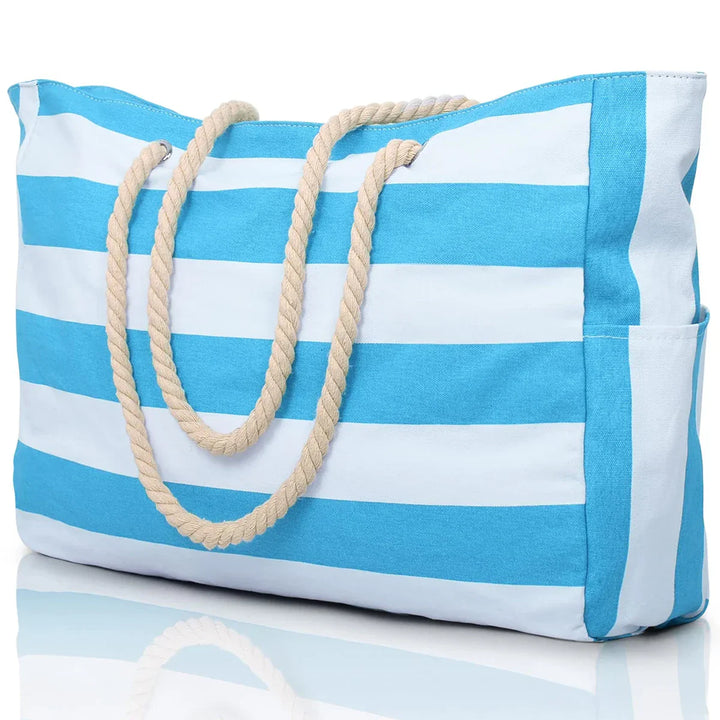 Kalsten | Marivalis Striped Beach Bag with Zipper | Foldable Sand Resistant Canvas | For Travel & Vacation