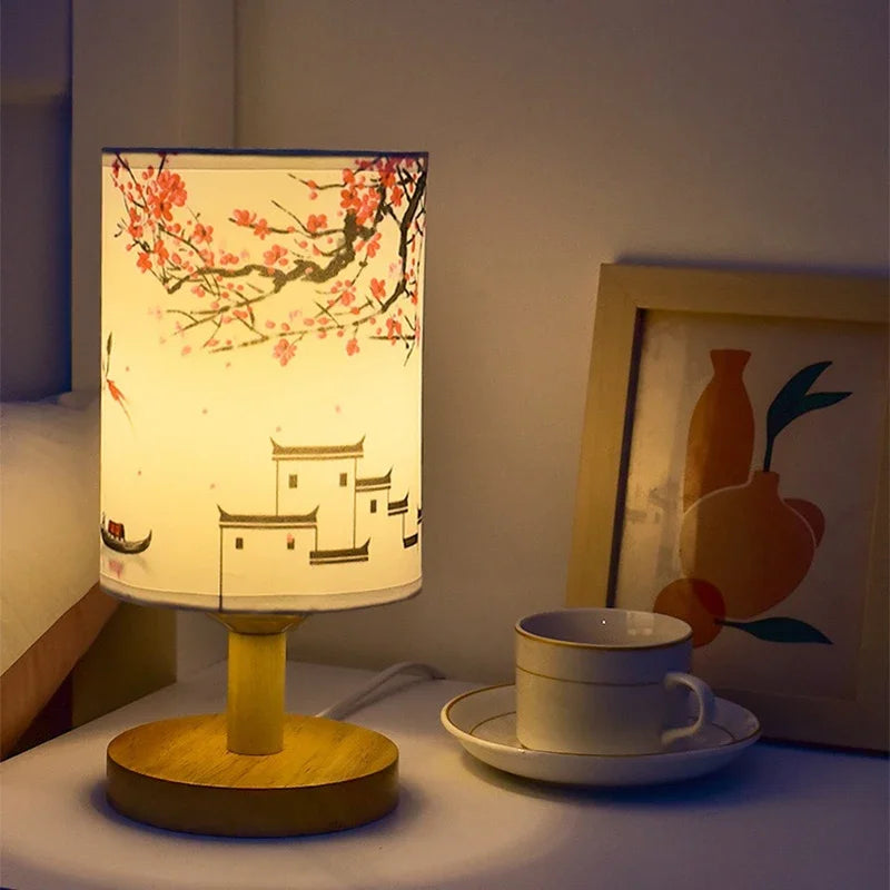LiánHua LED Table Lamp Plum Blossom | Dimmable | Fabric Shade in Chinese Style | Warm White Light | EU Plug | Kalsten