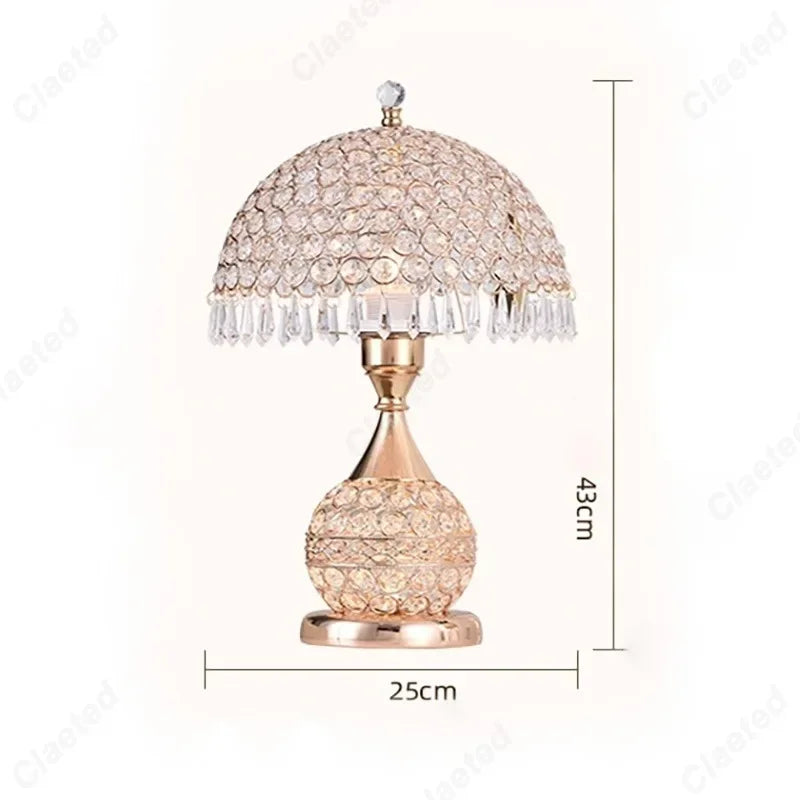 Luxury European Style LED Table Lamp with Fabric Lampshade & Crystal Base – Warm Romantic Bedroom Bedside Light | Kalsten
