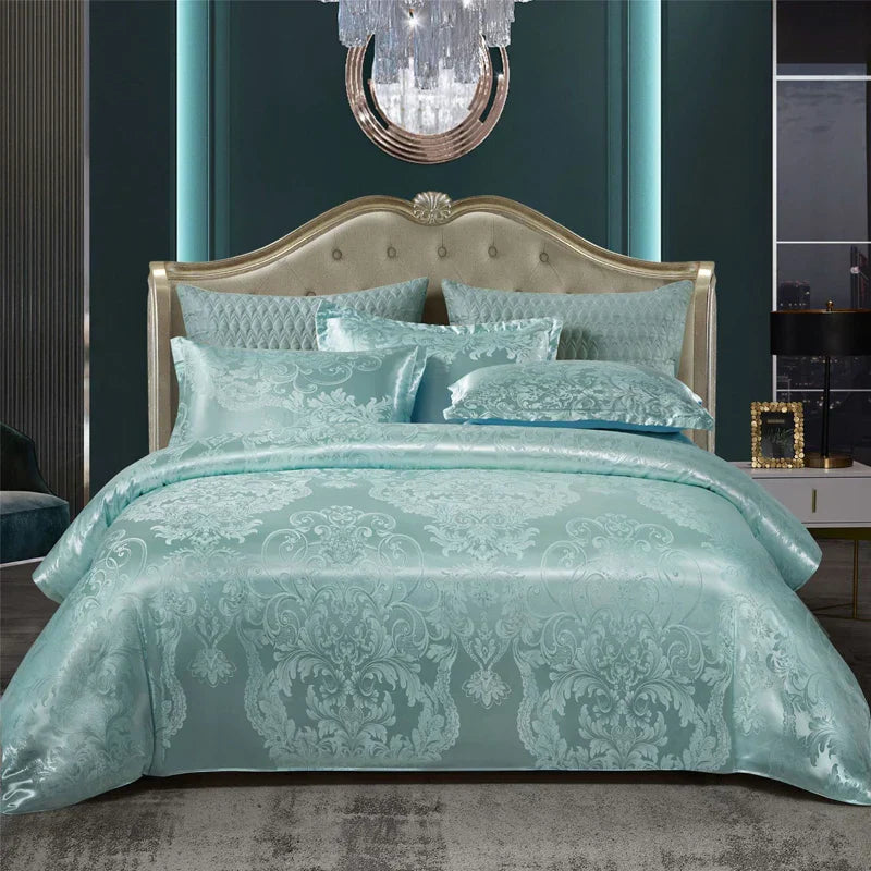 Luxurious Satin Rayon Jacquard Duvet Cover in Gold & Blue Kalsten