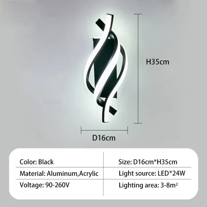 Modern LED Wall Light – Curved Spiral Design, Up & Down Wall Sconce for Living Room, Bedroom, Kitchen, and Bathroom, Black, Gold & White | Kalsten