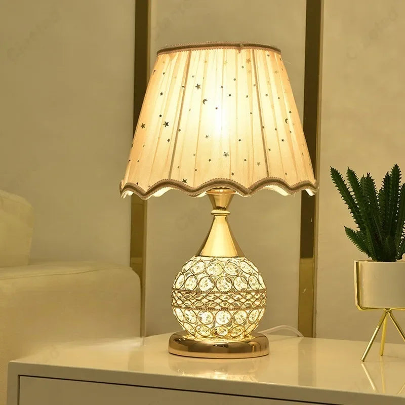 Luxury European Style LED Table Lamp with Fabric Lampshade & Crystal Base – Warm Romantic Bedroom Bedside Light | Kalsten