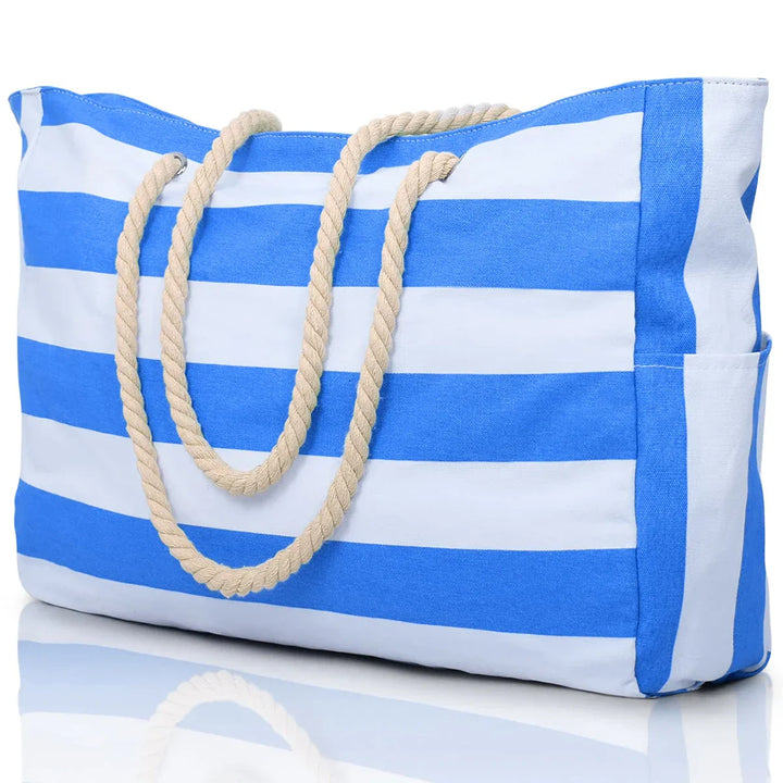 Kalsten | Marivalis Striped Beach Bag with Zipper | Foldable Sand Resistant Canvas | For Travel & Vacation