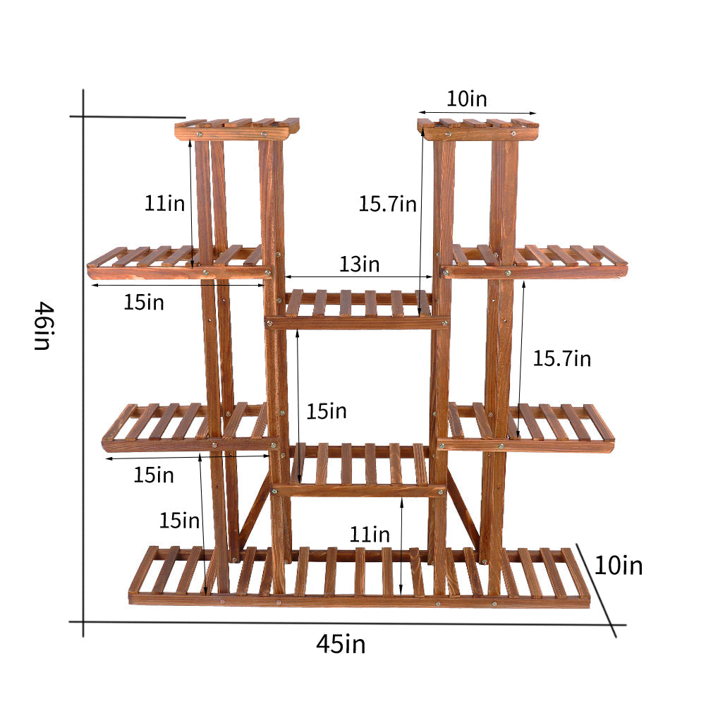 Large 11-tier Wooden Plant Shelf | Carbonized, Wide Flower Stand for Indoor & Outdoor | Kalsten
