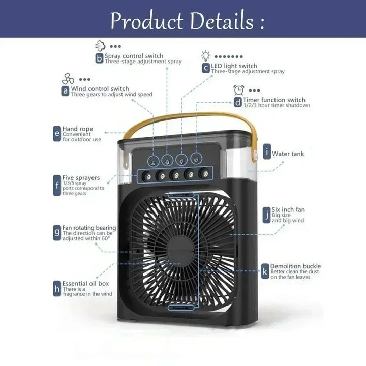 3-in-1 Mini Air Cooler Fan – Portable Household Air Conditioner with LED Night Light, Humidifier, and Adjustable Air for Home & Office | Kalsten