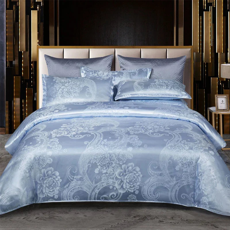 Luxurious Satin Rayon Jacquard Duvet Cover in Gold & Blue Kalsten