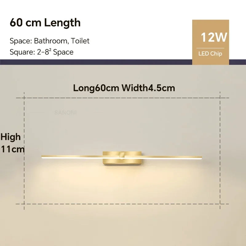 Modern Gold LED Wall Lamp – Bathroom Mirror Light with Touch Switch for Bedroom, Living Room, and Vanity Lighting | Kalsten