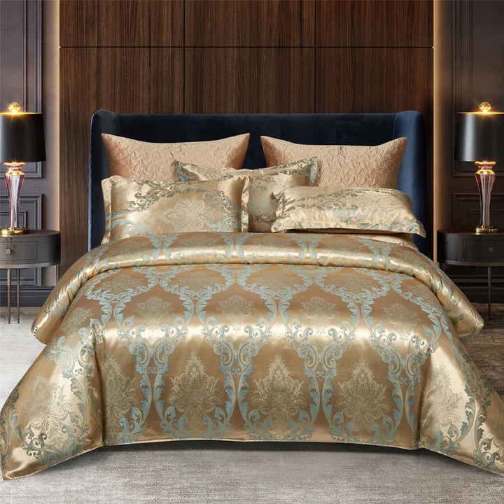 Luxurious Satin Rayon Jacquard Duvet Cover in Gold & Blue Kalsten