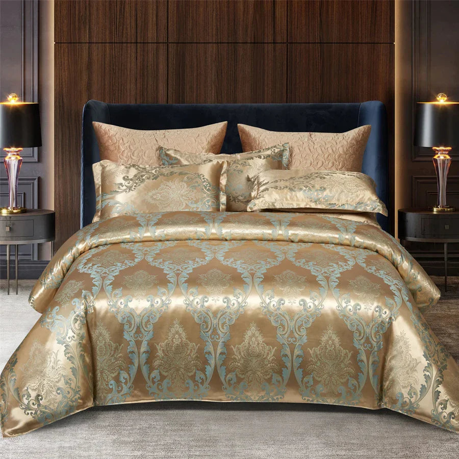 Luxurious Satin Rayon Jacquard Duvet Cover in Gold & Blue Kalsten