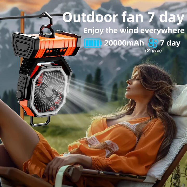 20000mAh Portable Rechargeable Fan — Battery-Operated Desk & Camping Fan with LED Light & Hook for Tent, Car, and Outdoor Trips | Kalsten