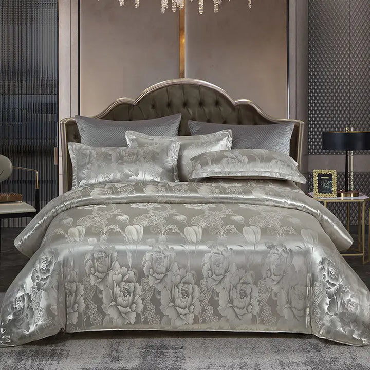 Luxurious Satin Rayon Jacquard Duvet Cover in Gold & Blue Kalsten