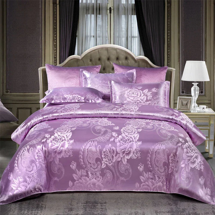 Luxurious Satin Rayon Jacquard Duvet Cover in Gold & Blue Kalsten