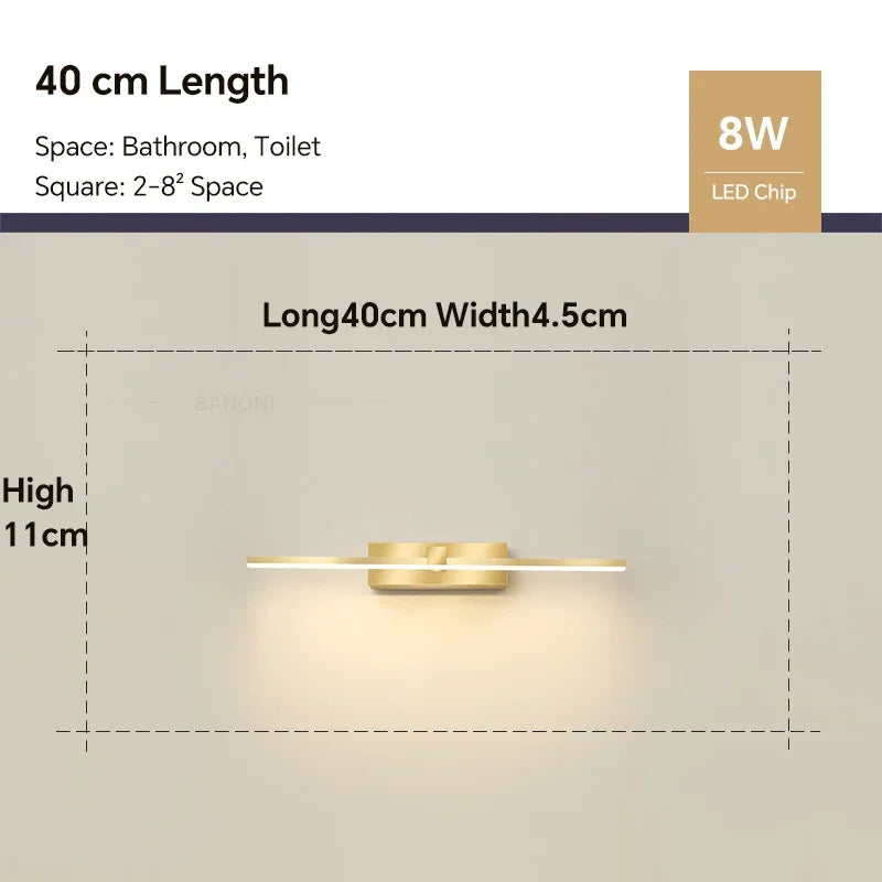 Modern Gold LED Wall Lamp – Bathroom Mirror Light with Touch Switch for Bedroom, Living Room, and Vanity Lighting | Kalsten