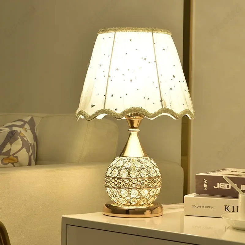 Luxury European Style LED Table Lamp with Fabric Lampshade & Crystal Base – Warm Romantic Bedroom Bedside Light | Kalsten