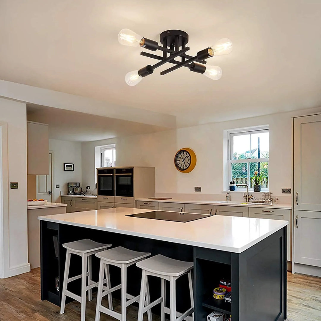 Contemporary LED Industrial Chandelier - Semi Flush Mount Ceiling Lights with 4 Heads for Kitchen, Dining, Bedroom | Kalsten