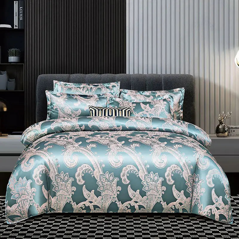 Luxurious Satin Rayon Jacquard Duvet Cover in Gold & Blue Kalsten