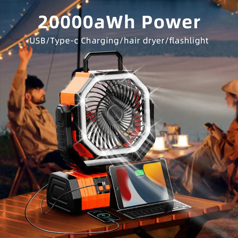 20000mAh Portable Rechargeable Fan — Battery-Operated Desk & Camping Fan with LED Light & Hook for Tent, Car, and Outdoor Trips | Kalsten