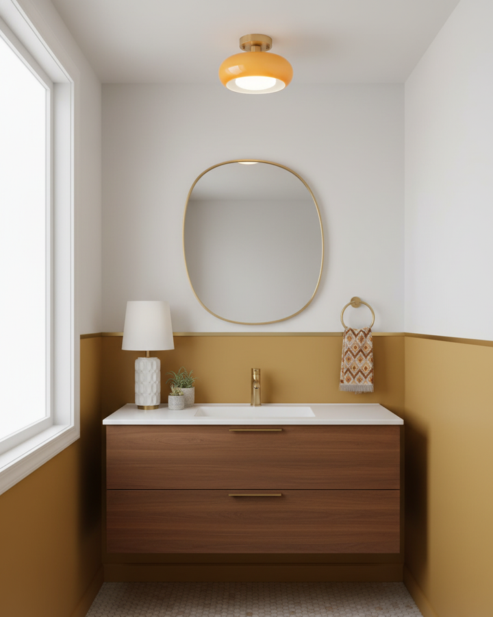 Ceiling Light Glass Dome 11 in x 7 in Gold White Orange Bathroom Indoor Fixture Retro Style | Kalsten