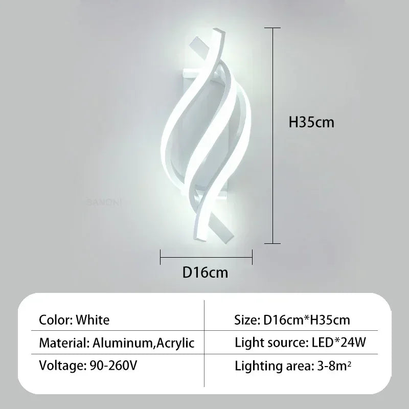 Modern LED Wall Light – Curved Spiral Design, Up & Down Wall Sconce for Living Room, Bedroom, Kitchen, and Bathroom, Black, Gold & White | Kalsten