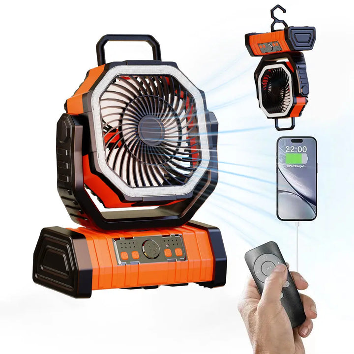 20000mAh Portable Rechargeable Fan — Battery-Operated Desk & Camping Fan with LED Light & Hook for Tent, Car, and Outdoor Trips | Kalsten