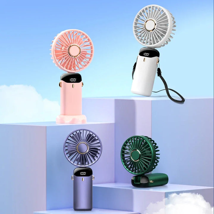 Handheld Mini Fan – 3000mAh Foldable Portable Desk & Neck Hanging Fan with 5 Speeds, USB Rechargeable & Phone Stand Display | Kalsten