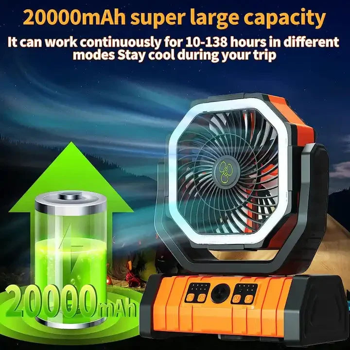 20000mAh Portable Rechargeable Fan — Battery-Operated Desk & Camping Fan with LED Light & Hook for Tent, Car, and Outdoor Trips | Kalsten