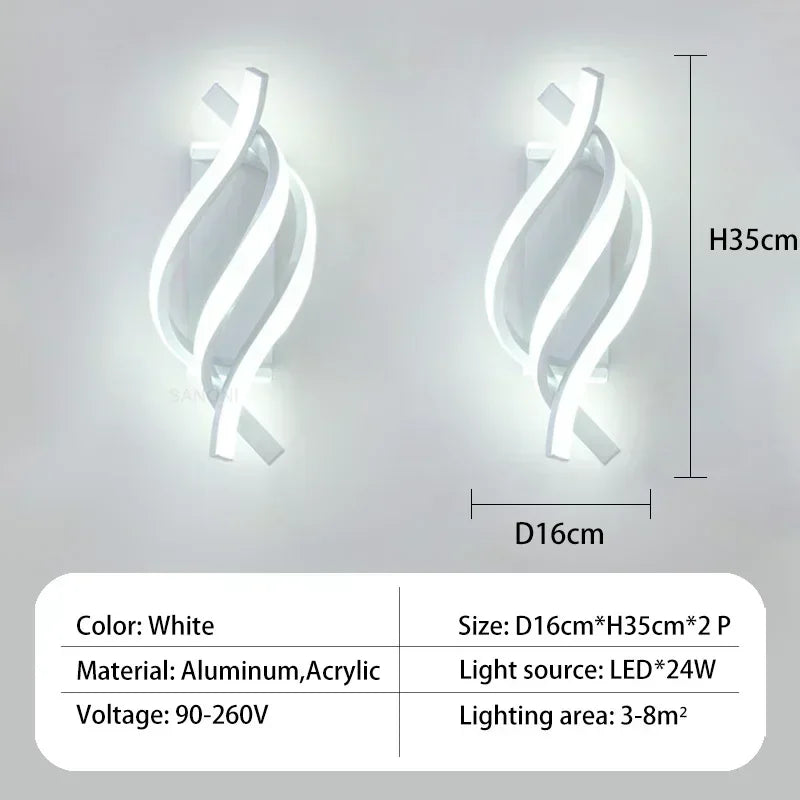 Modern LED Wall Light – Curved Spiral Design, Up & Down Wall Sconce for Living Room, Bedroom, Kitchen, and Bathroom, Black, Gold & White | Kalsten