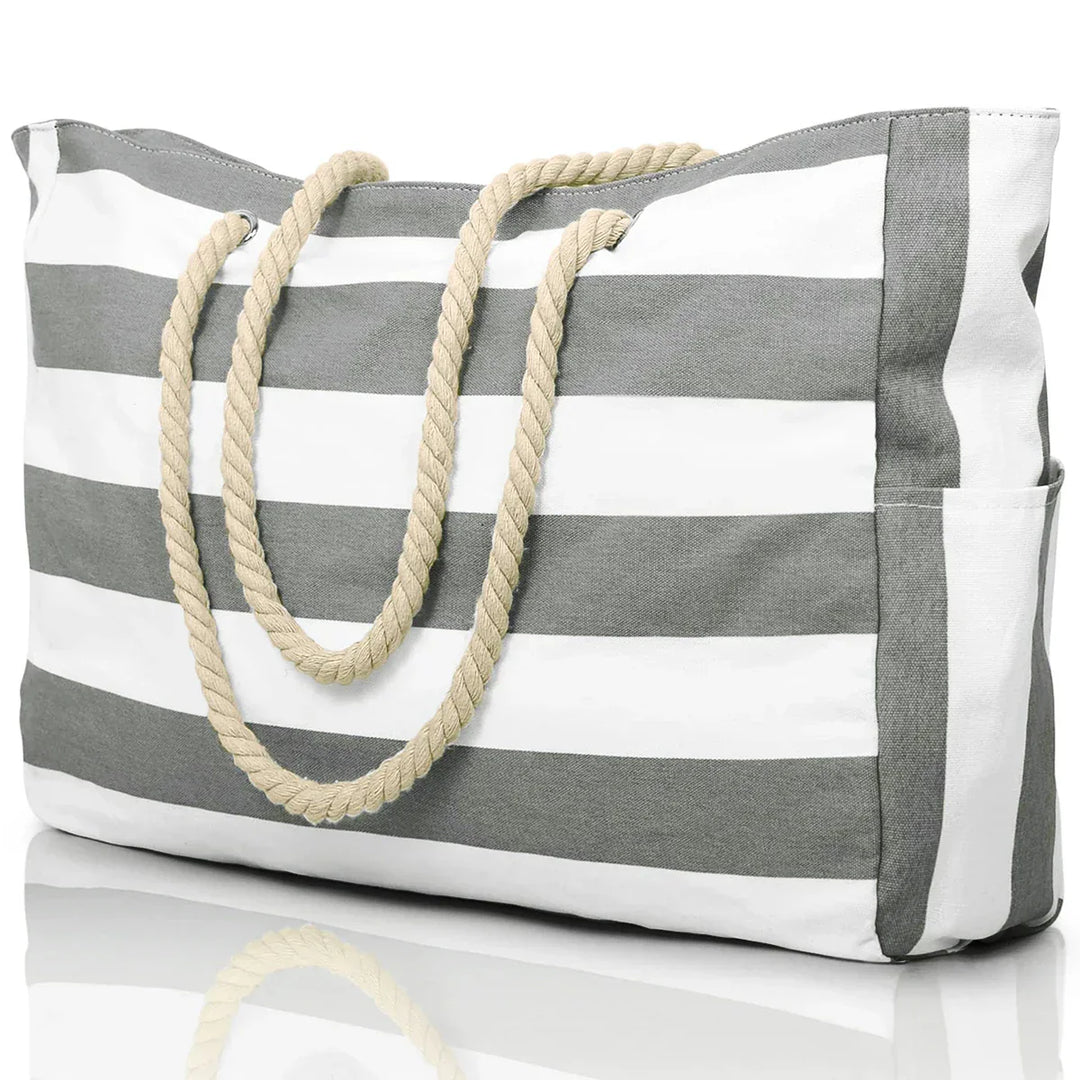 Kalsten | Marivalis Striped Beach Bag with Zipper | Foldable Sand Resistant Canvas | For Travel & Vacation