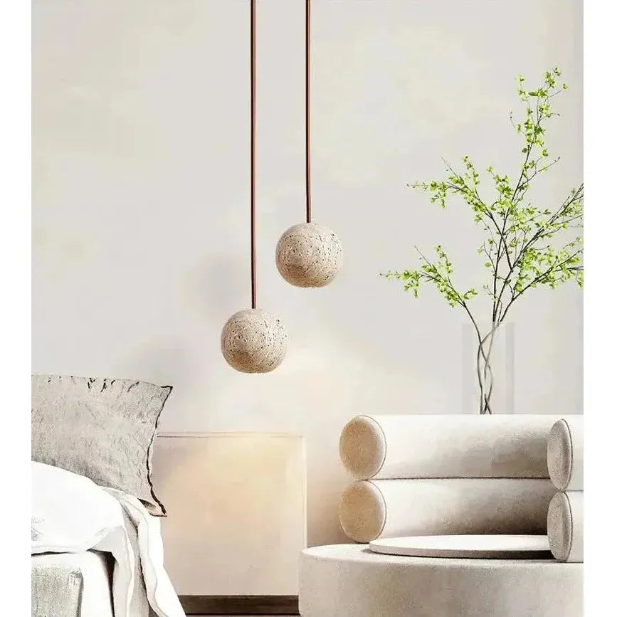 Hanging Lamp in Travertine – Minimalistic Round LED Hanging Lamp in Wabi-Sabi Style | Kalsten