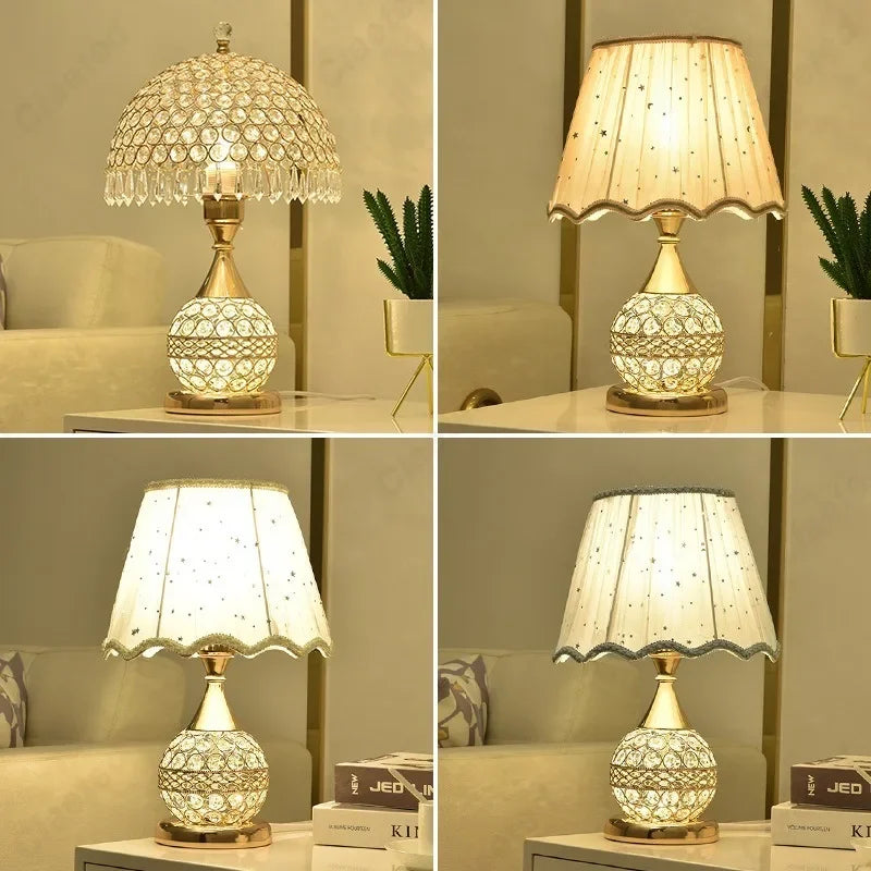 Luxury European Style LED Table Lamp with Fabric Lampshade & Crystal Base – Warm Romantic Bedroom Bedside Light | Kalsten