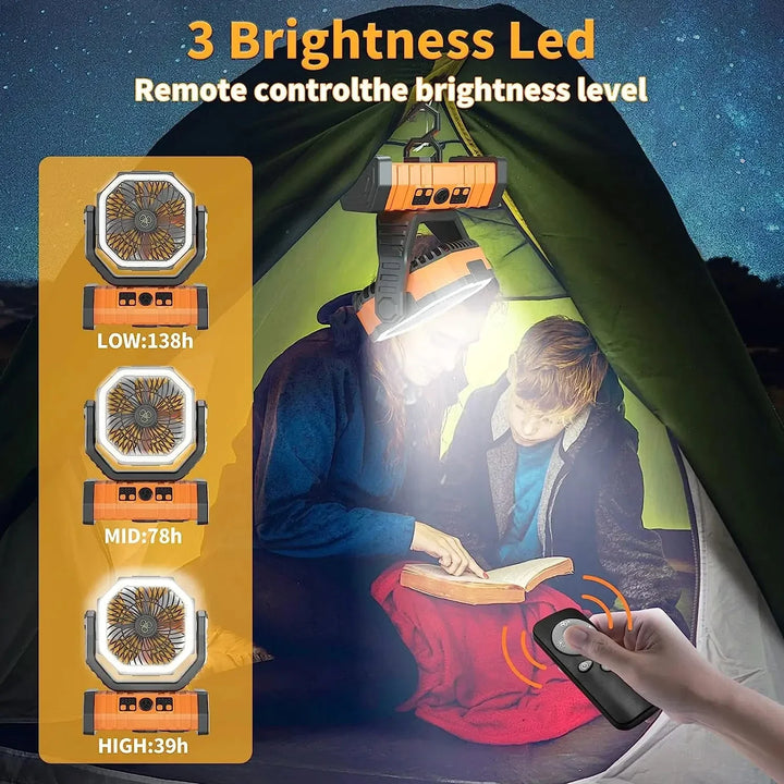 20000mAh Portable Rechargeable Fan — Battery-Operated Desk & Camping Fan with LED Light & Hook for Tent, Car, and Outdoor Trips | Kalsten