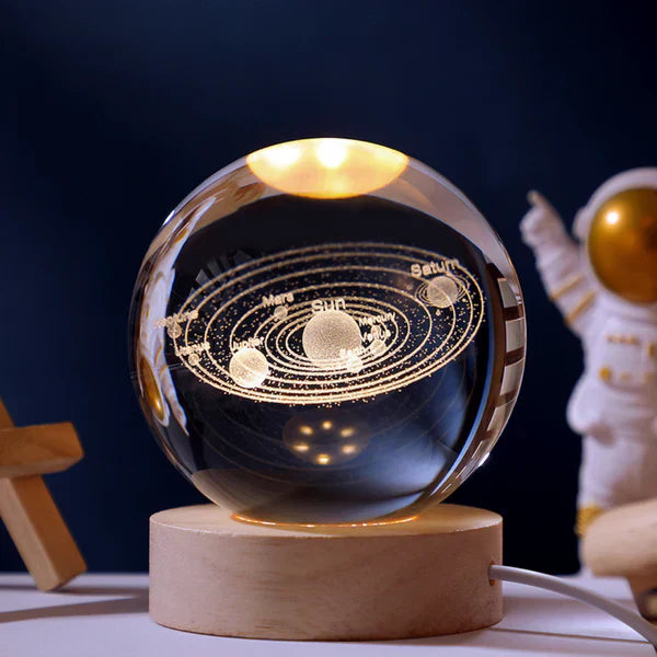 Glowing crystal ball with LED – Decorative 3D glass ball with galaxy design and wooden base | Kalsten