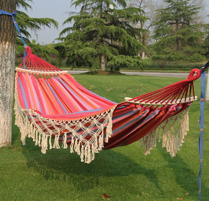 Kalsten | 200x150cm Double Outdoor Camping Tassel Canvas Hammock with Rod (Pink Stripes)